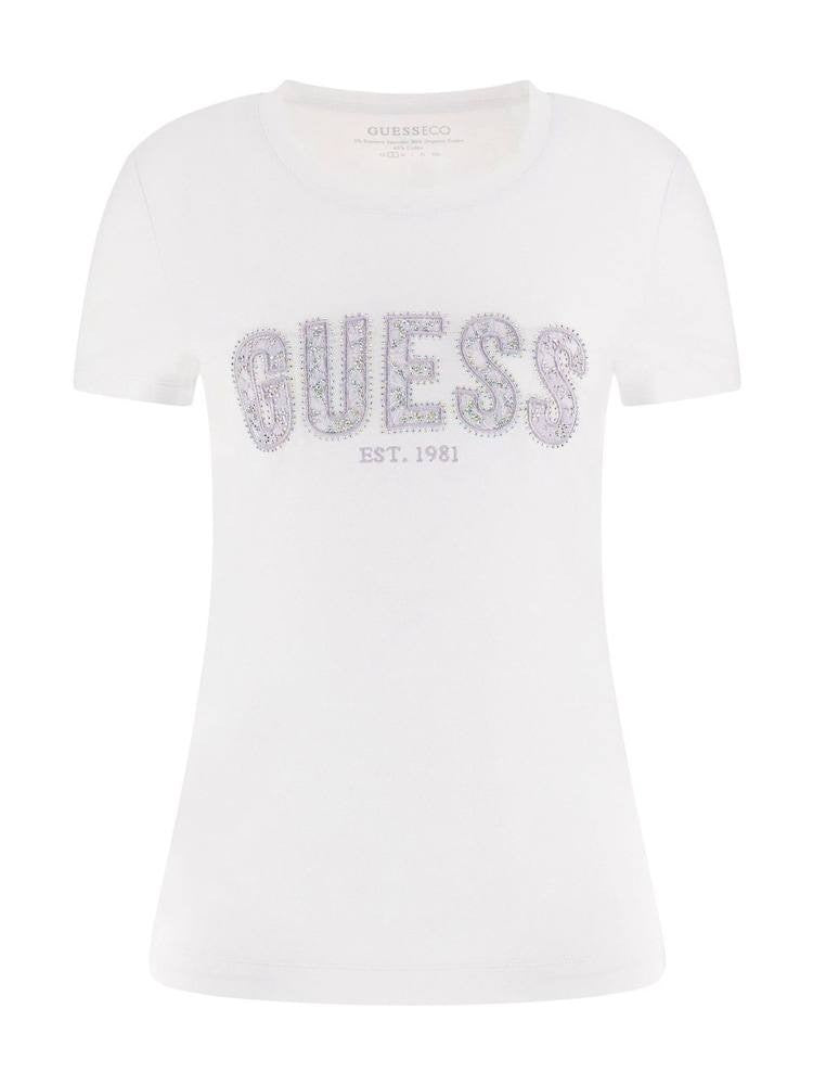 Guess Logo Lace T-Shirt White M Diamante Rhinestone Logo Tee New Tags NWT