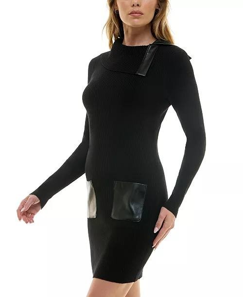 BCX Juniors Faux‑Leather Long‑Sleeve Sweater Dress – Size M – Black – NWT – $49