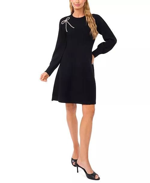 CeCe Bow Applique Sweater Dress Rich Black XL NWT $99