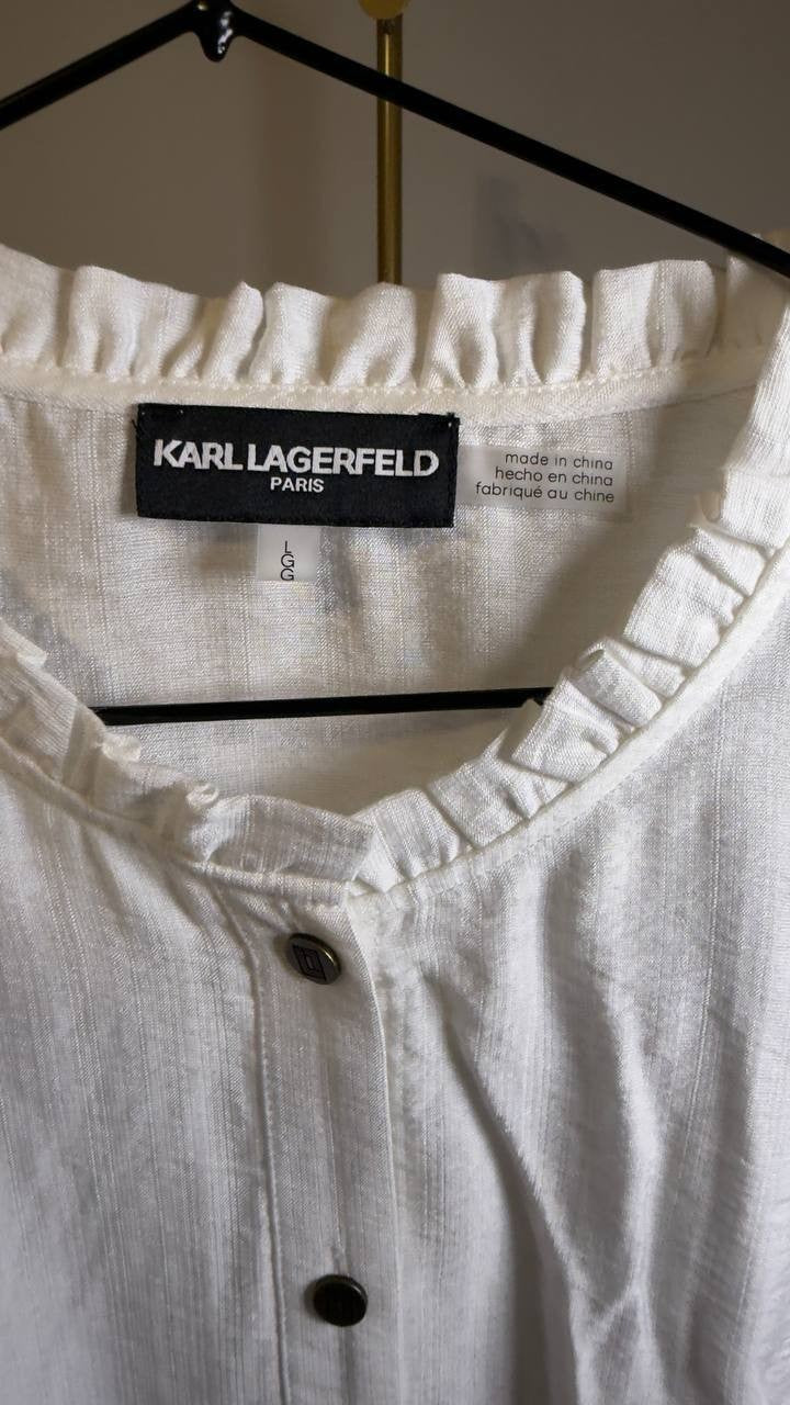 KARL LAGERFELD PARIS Ruffled-Sleeve Button-Front Blouse White Size L 2663