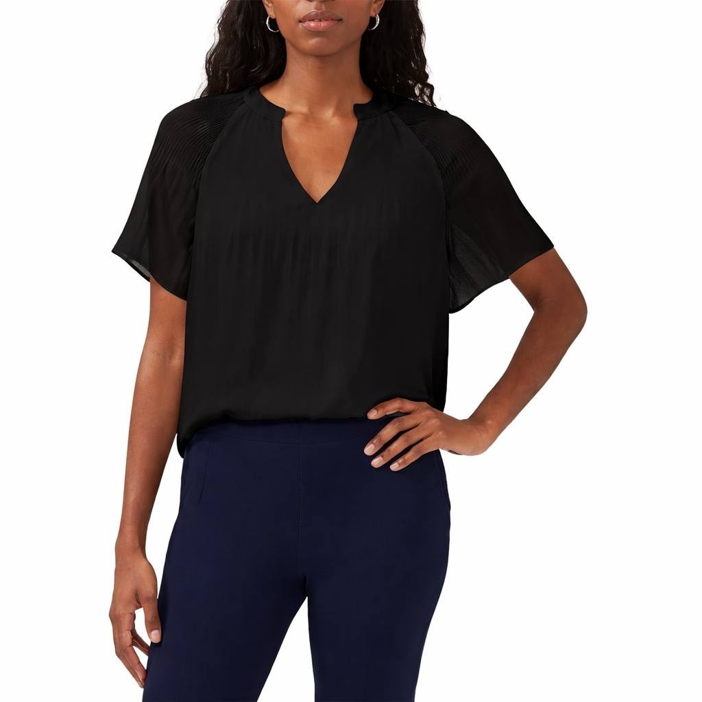 SAM & JESS Women’s Pleated Short-Sleeve Blouse Black M $59 NWT