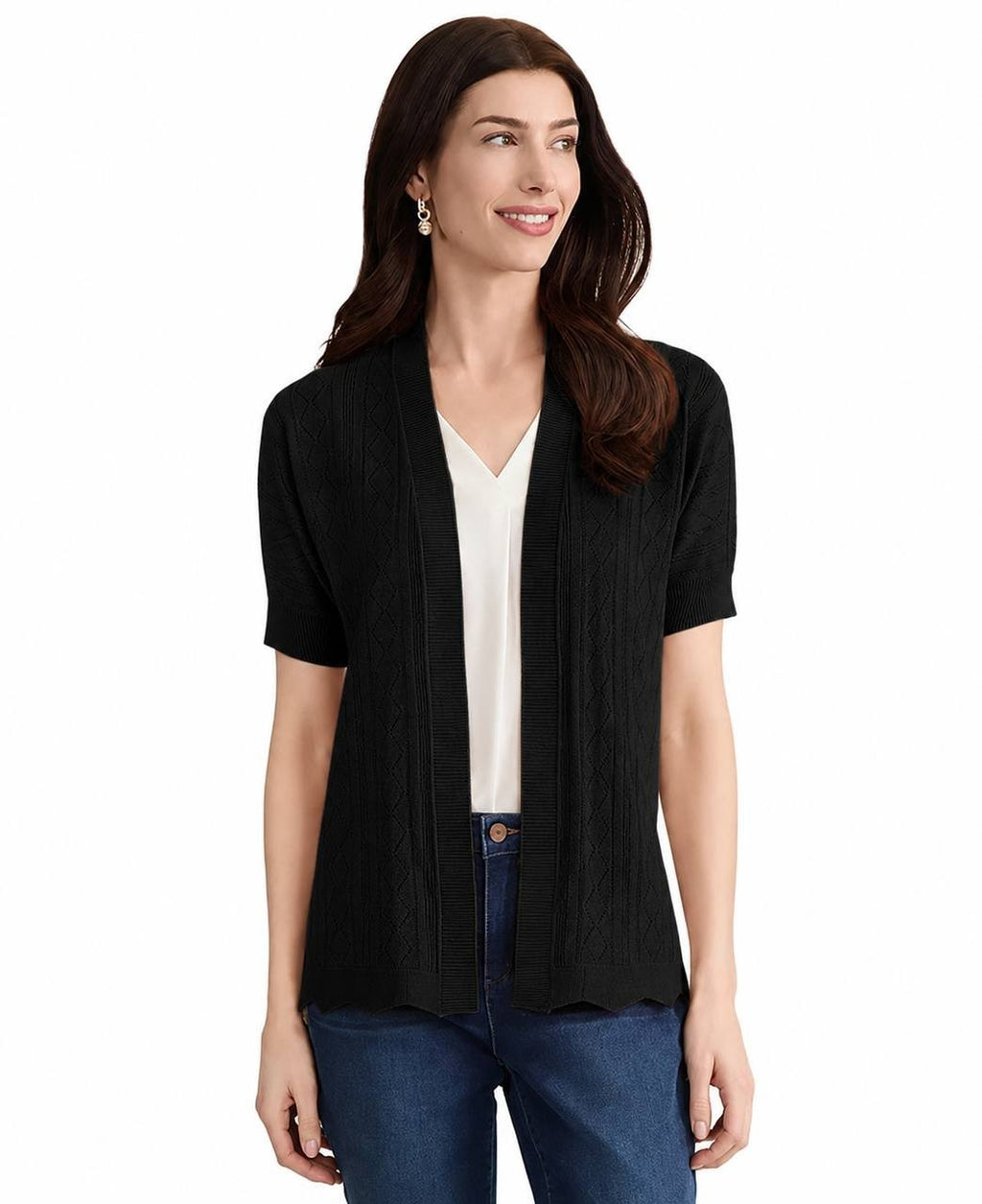 Jones New York Petite Open Stitch Short‑Sleeve Cardigan Black PM NWT $89.50