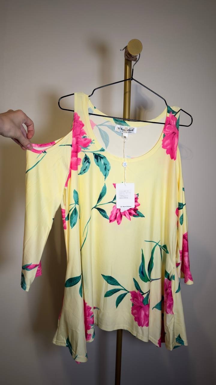 White Mark Women’s Floral Printed Cold Shoulder Tunic Yellow Pink XL NWT $68