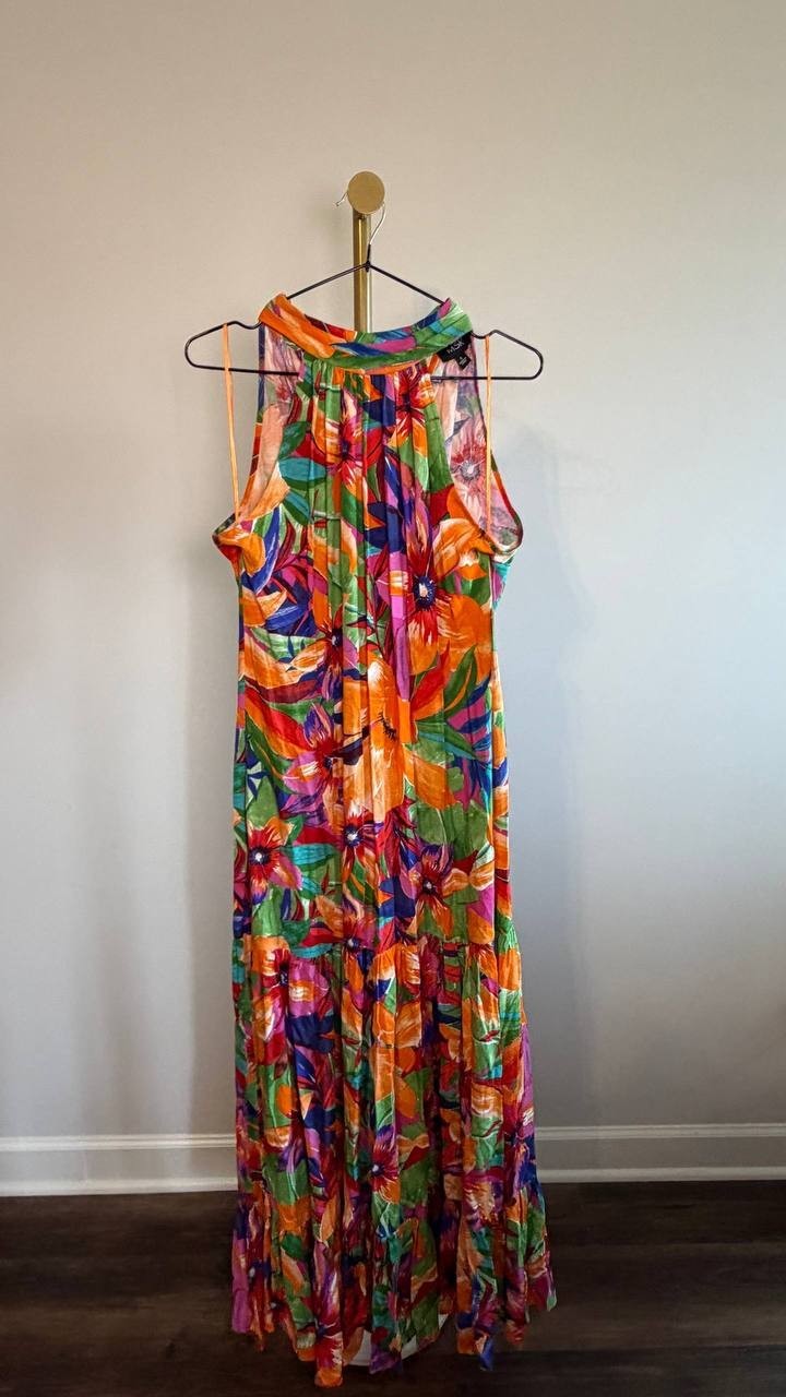 MSK Printed Halter Tie‑Back Tiered Maxi Dress Multi S NWT $69