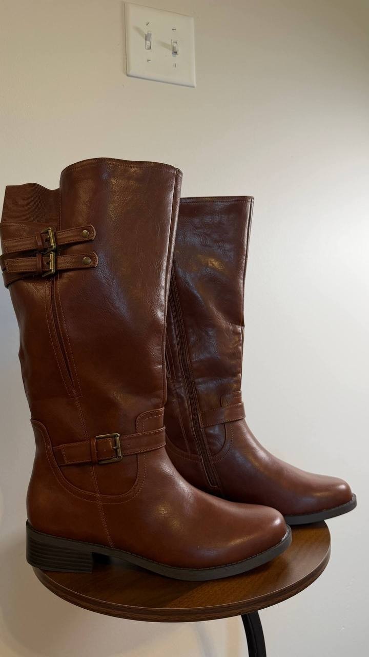 Journee Sonny Boots 10M Cognac Polyurethane Knee‑High Round Toe NIB msrp$122