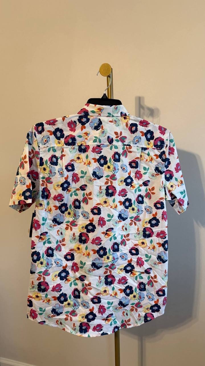 Club Room Men’s Craig Floral Poplin Short‑Sleeve Shirt White Multi S $49.50 NWT