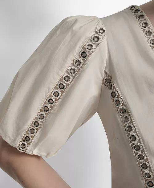 DKNY Top L Beige Cotton Grommet Puff Sleeve V-Neck Lattice Trim Modern