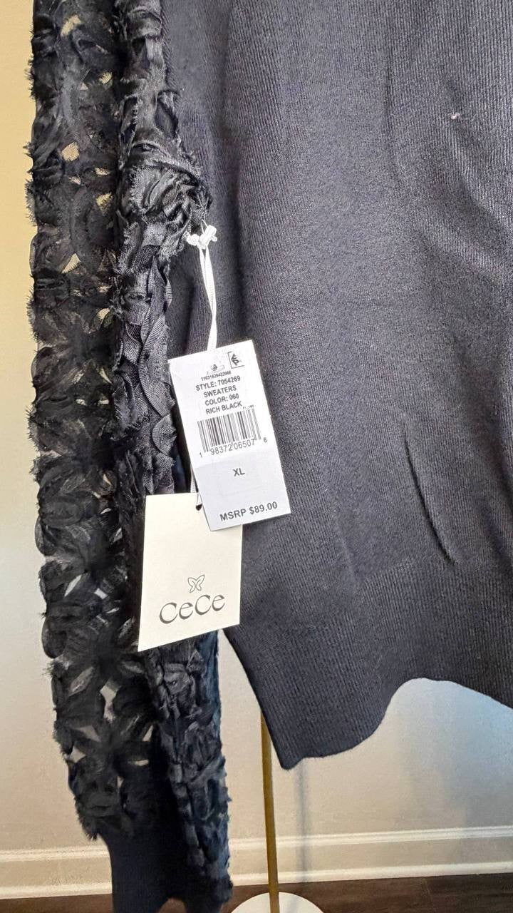 CeCe 3D Floral Lace Mixed Media Sweater Black XL NWT $89
