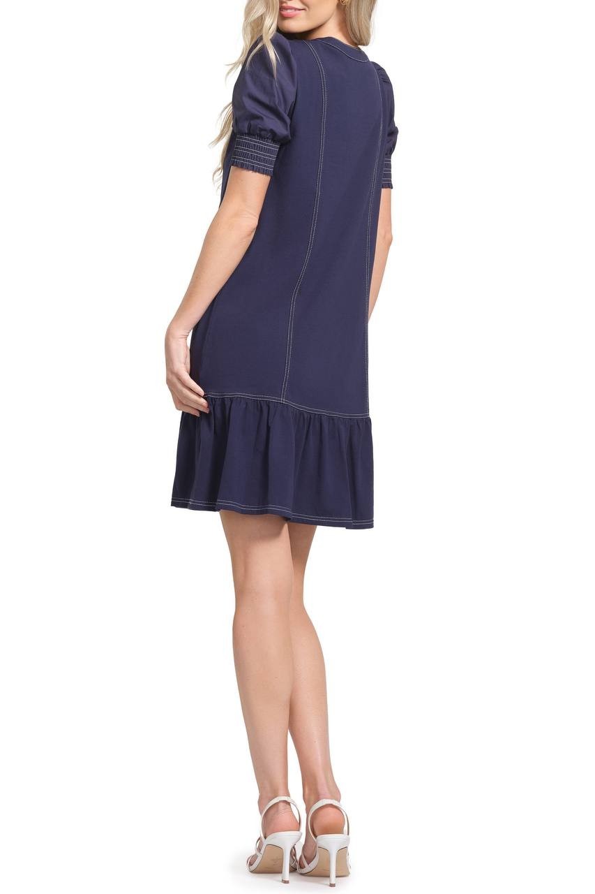Isaac Mizrahi Top Stitch Drop Waist Stretch Cotton Dress Navy M NWT $128
