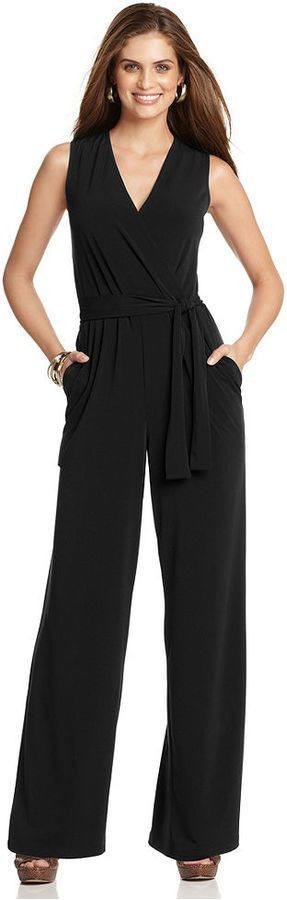 NY Collection Jumpsuit PM Black Petite Belted 3/4 Sleeve Surplice Knit NWT
