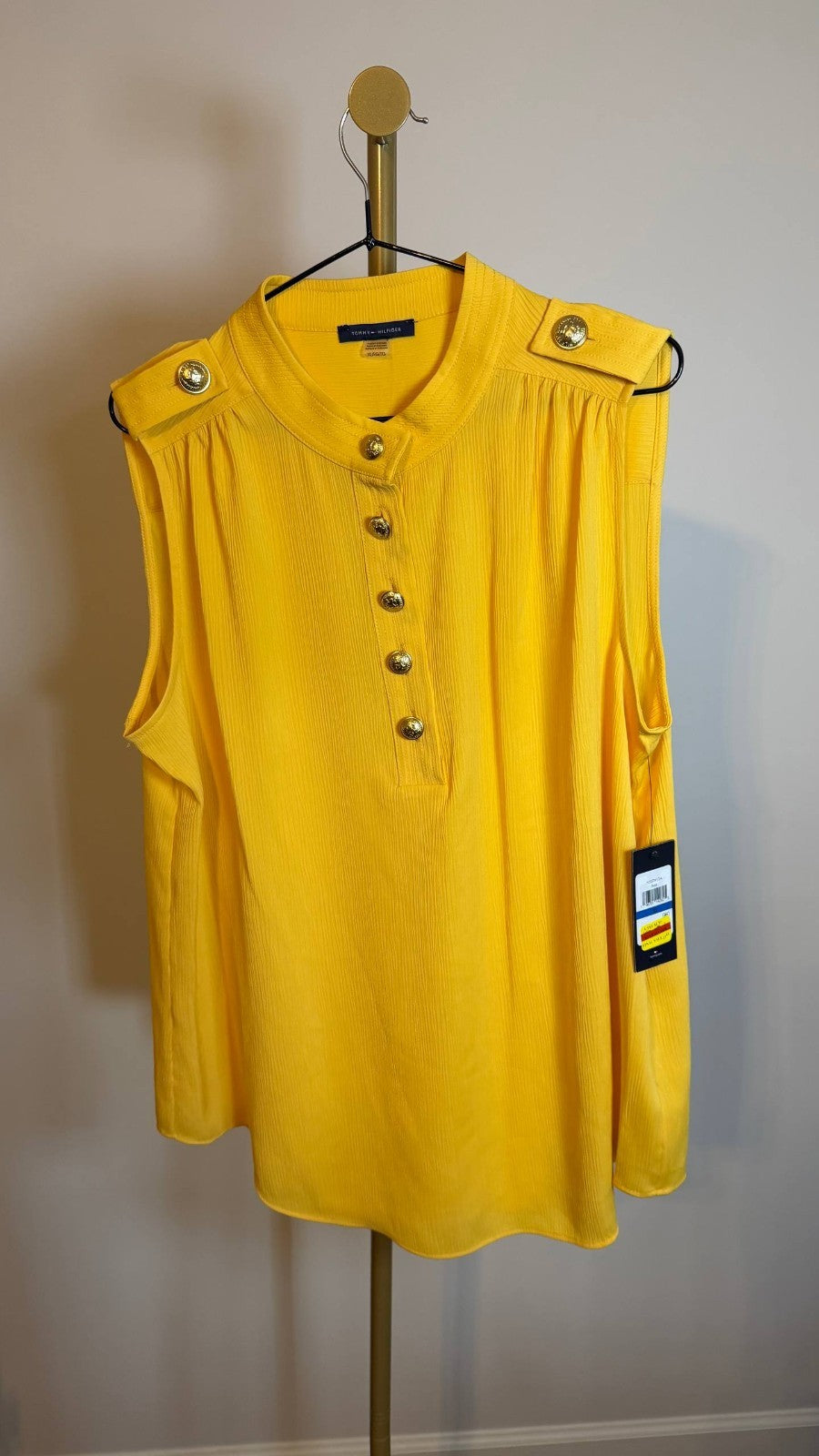 Tommy Hilfiger Women’s Button‑Front Epaulet Blouse Yellow $79 NWT