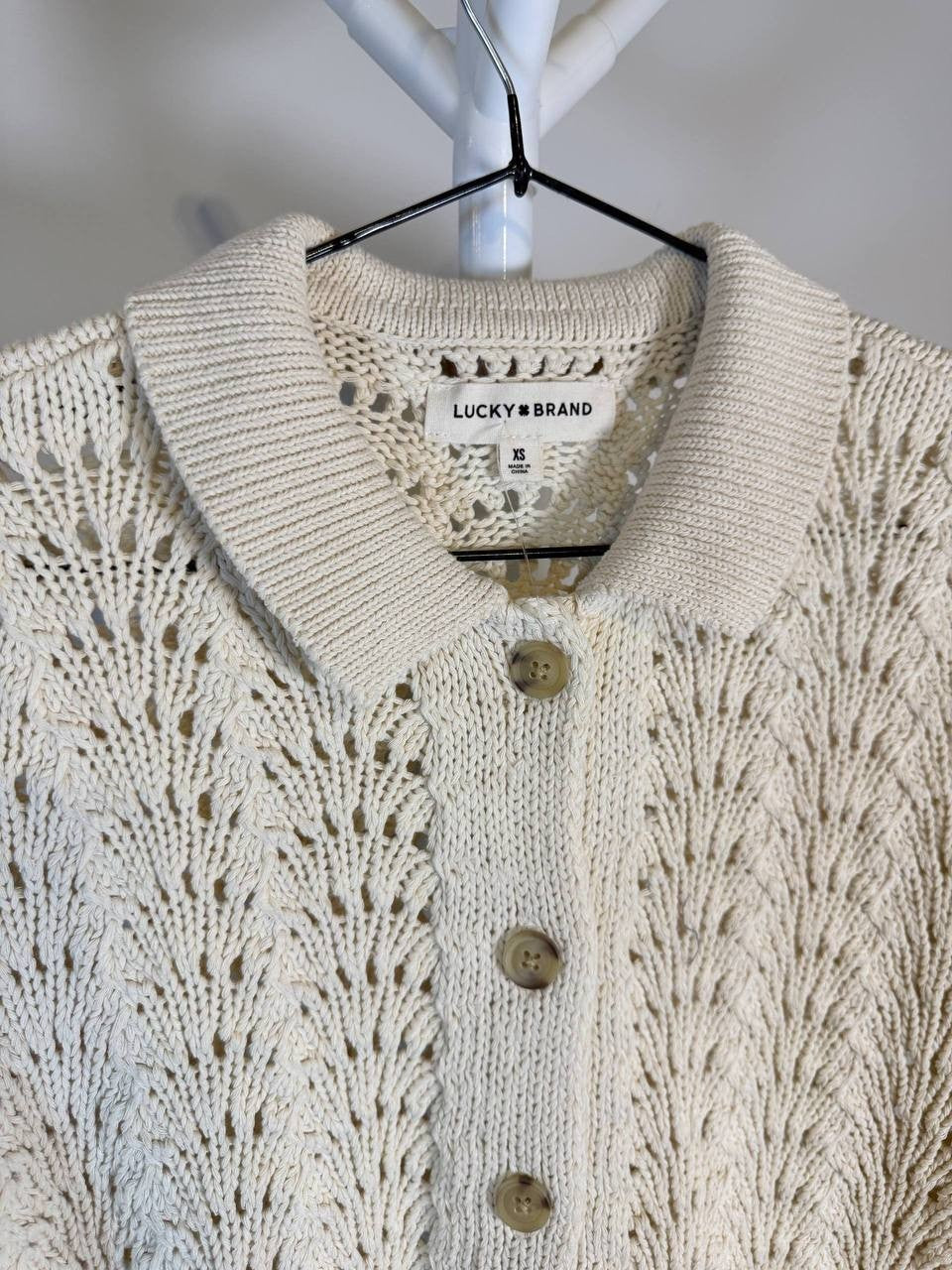 Lucky Brand Short Sleeve Cropped Button‑Up Sweater – Size XS – NWT