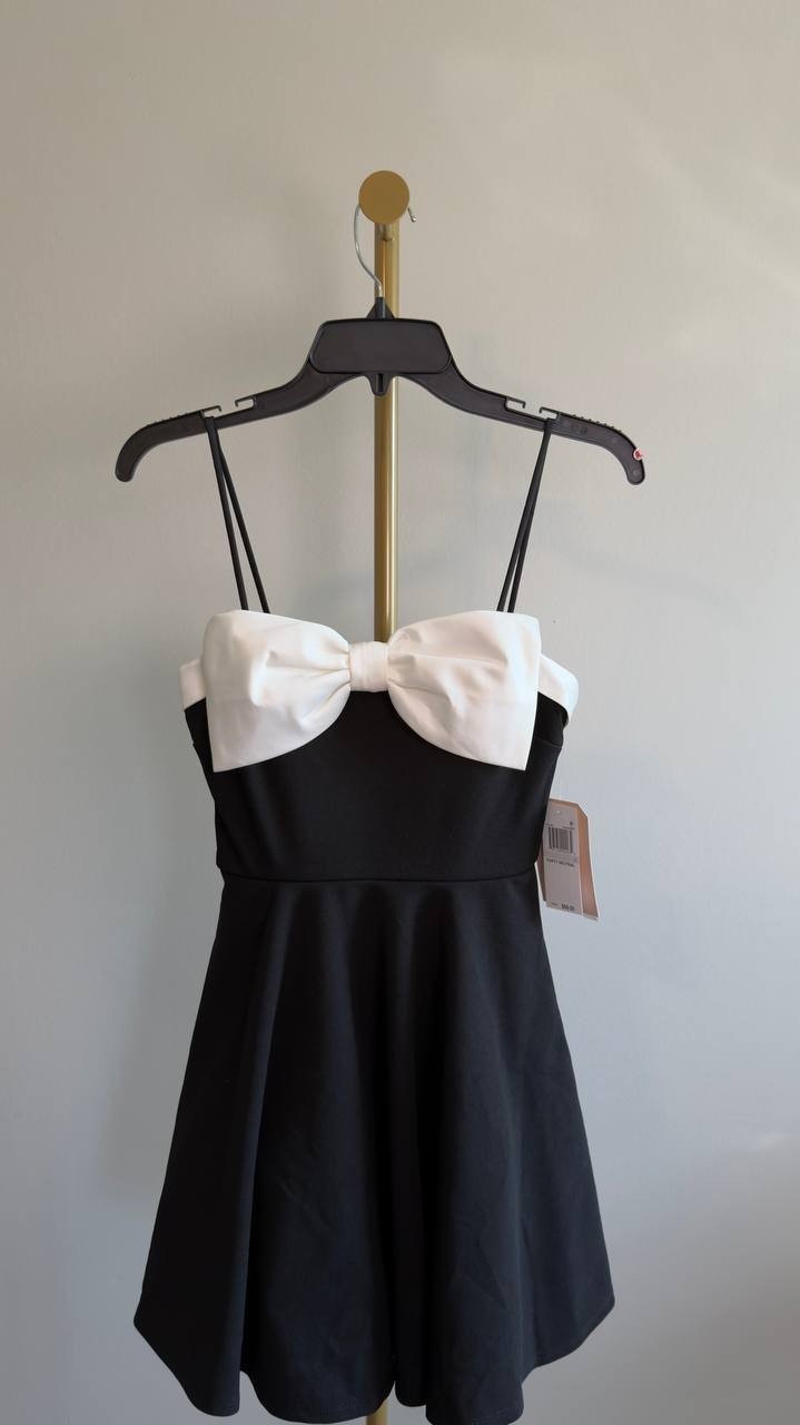 City Studios Bow‑Trim Fit & Flare Dress Black White 0 NWT $69
