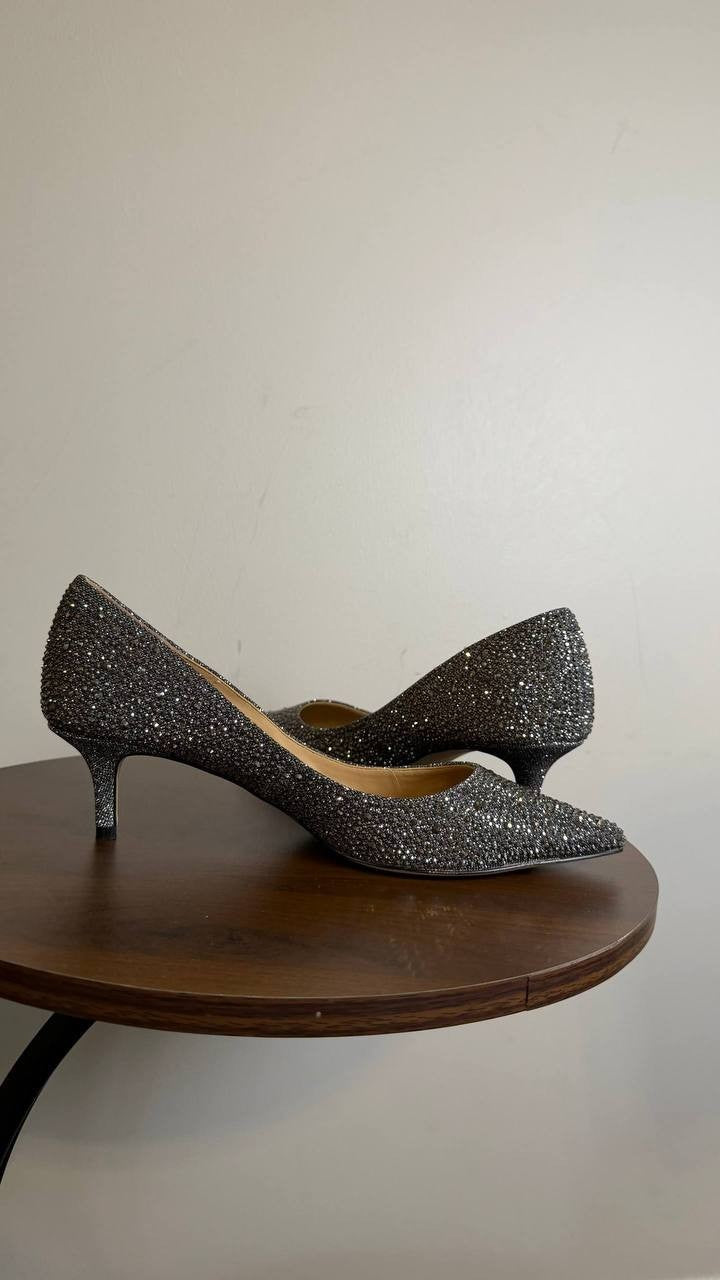 Badgley Mischka Jewel Smoke Glitter Fabric Heeled Pumps 7 New in Box $99