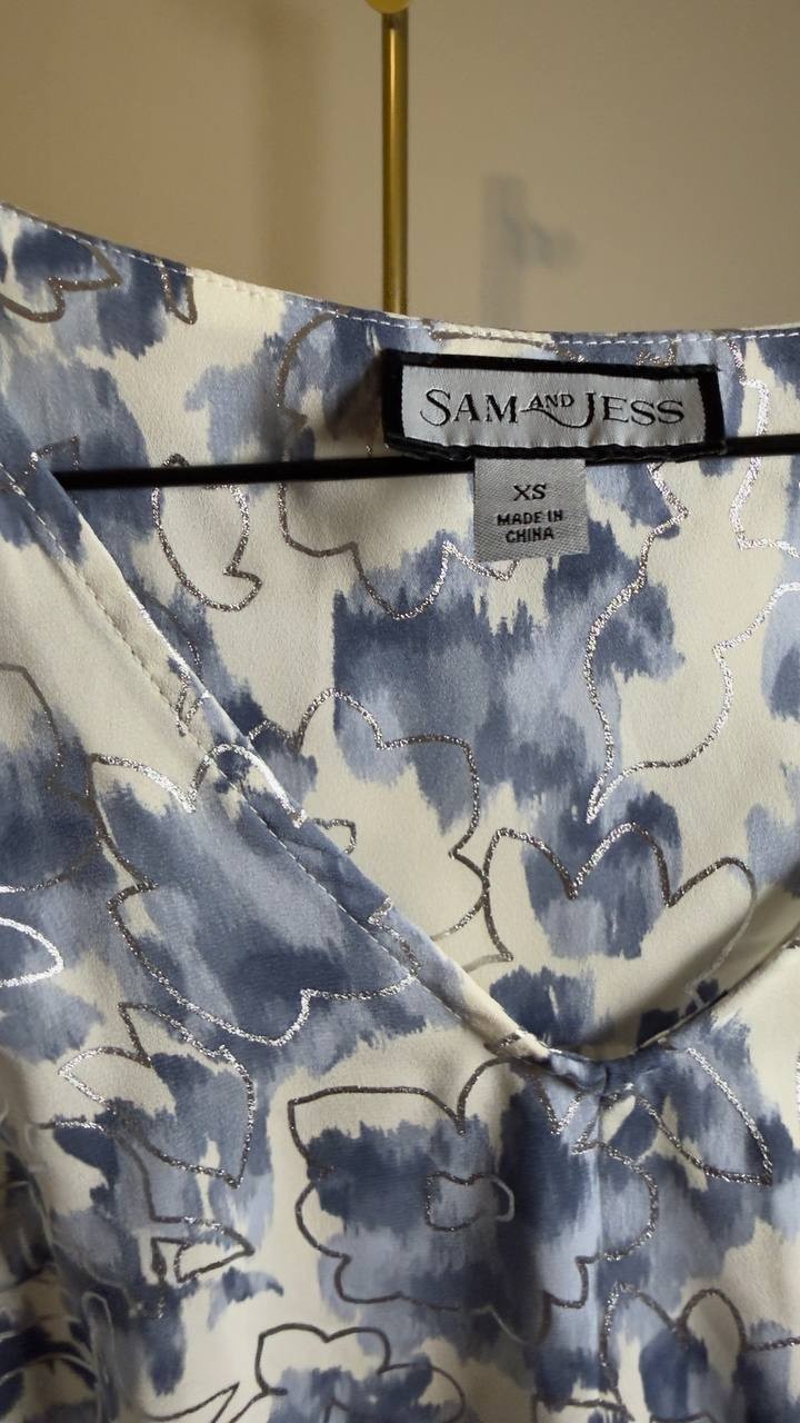 Sam & Jess Floral‑Print Bubble‑Sleeve Top Blue Floral XS NWT $59