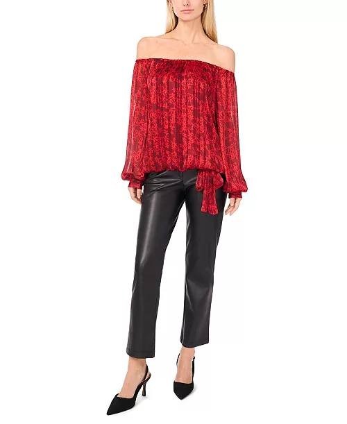 Vince Camuto Women’s Off‑Shoulder Long‑Sleeve Tie‑Hem Top Red Print $79 NWT