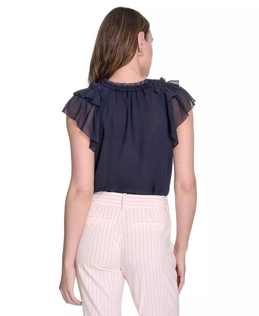 Tommy Hilfiger Split‑Neck Flutter‑Sleeve Blouse Midnight S $79 NWT