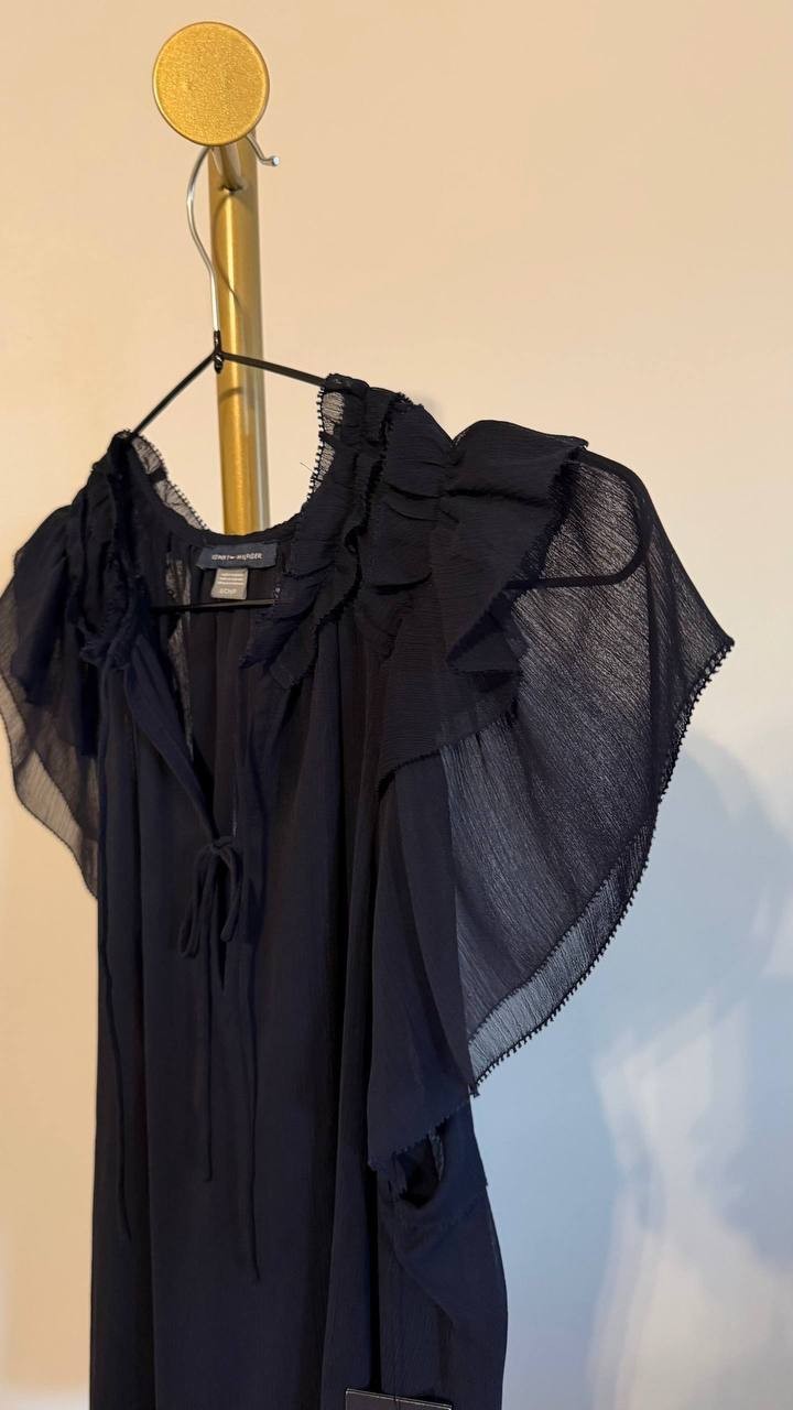 Tommy Hilfiger Split‑Neck Flutter‑Sleeve Chiffon Blouse Navy S $79 NWT