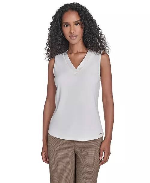 Calvin Klein Mixed Media V Neck Blouse White Stretch Top Size M NWT need wash