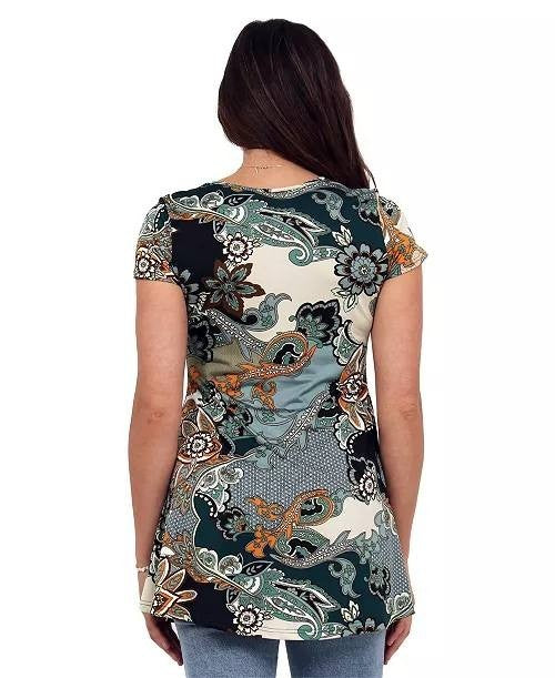 24seven Comfort Apparel Women’s Floral Print V‑Neck Top Blue/Ivory M NWT $67