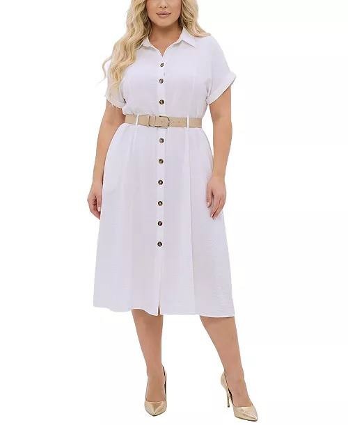 NY Collection Short-Sleeve Button-Front Belted A-Line Dress White XL NWT $58