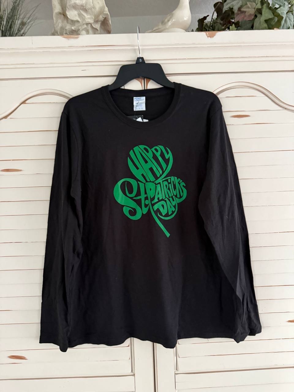 Port & Company St. Patrick’s Day Long Sleeve Shirt – Shamrock Print – Black