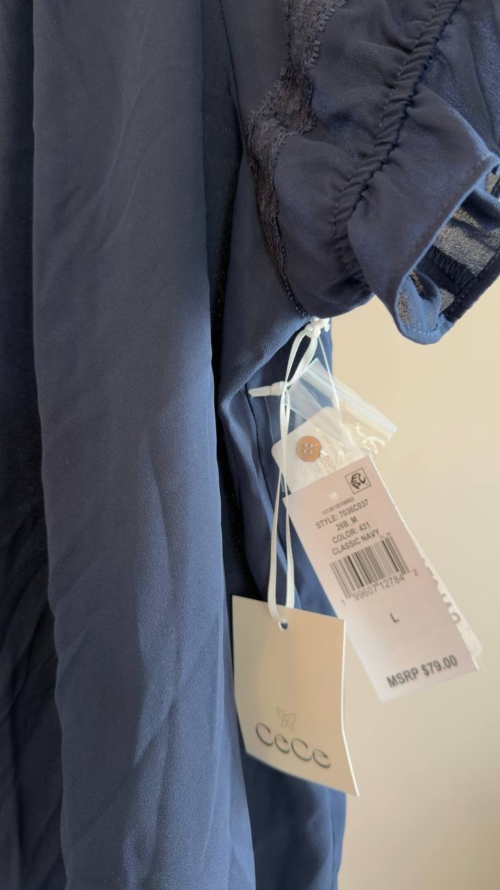 CeCe Wide Ruffle Neck Button Front Top Classic Navy L NWT $79