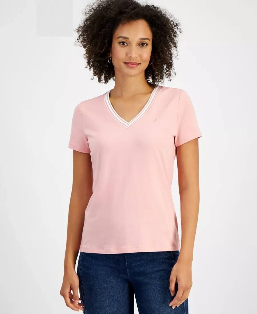 Nautica Jeans Solid Stripe‑Trim V‑Neck T‑Shirt – Bridal Rose –L– NWT –$24.99