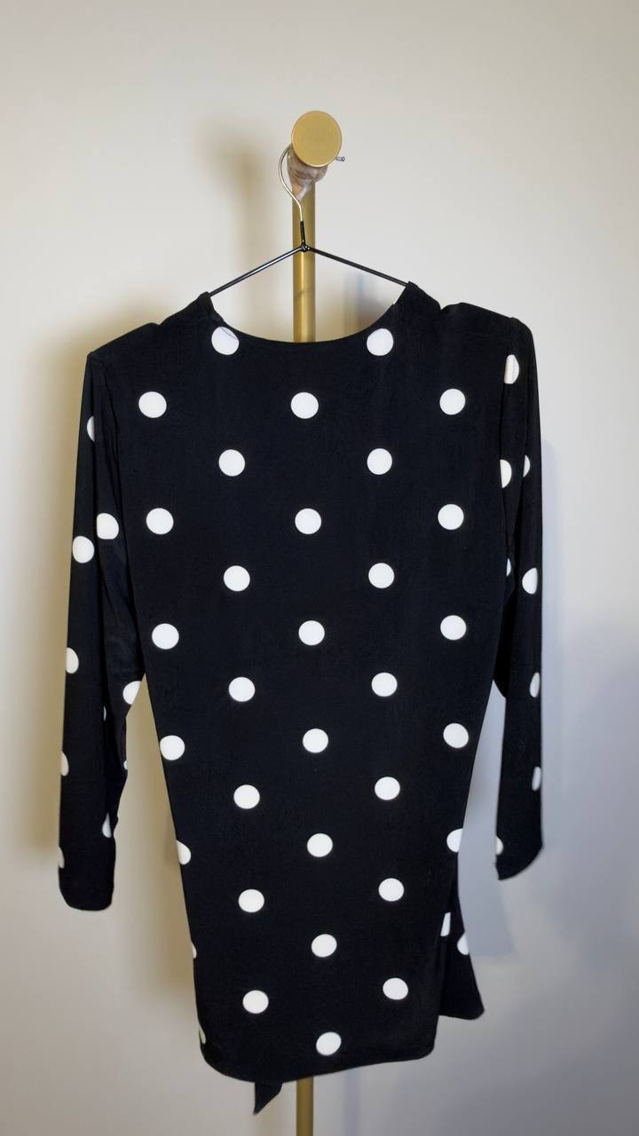 Anne Klein Women’s Printed Tie‑Waist Surplice Top Black/White Dot M NWOT $69