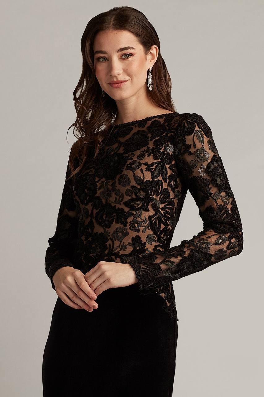 Tadashi Shoji Forena Embroidered Crepe Gown Black/Nude 14 NWT $478