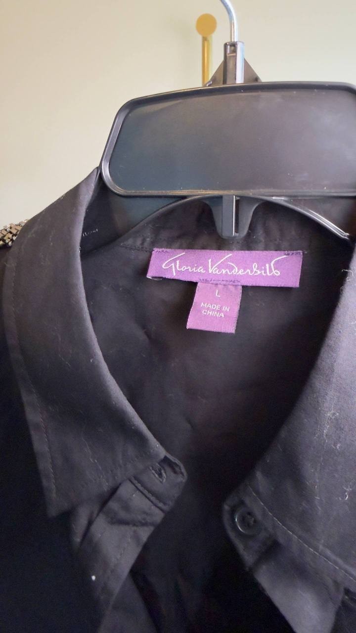 Gloria Vanderbilt Amanda Cotton Beaded‑Shoulder Blouse Black L NWT $54