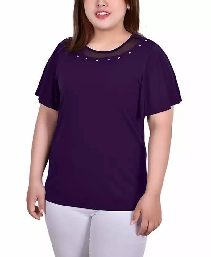 NY Collection Plus Size Knit Top Sheer Inset Deep Purple 1X NWT $32.99