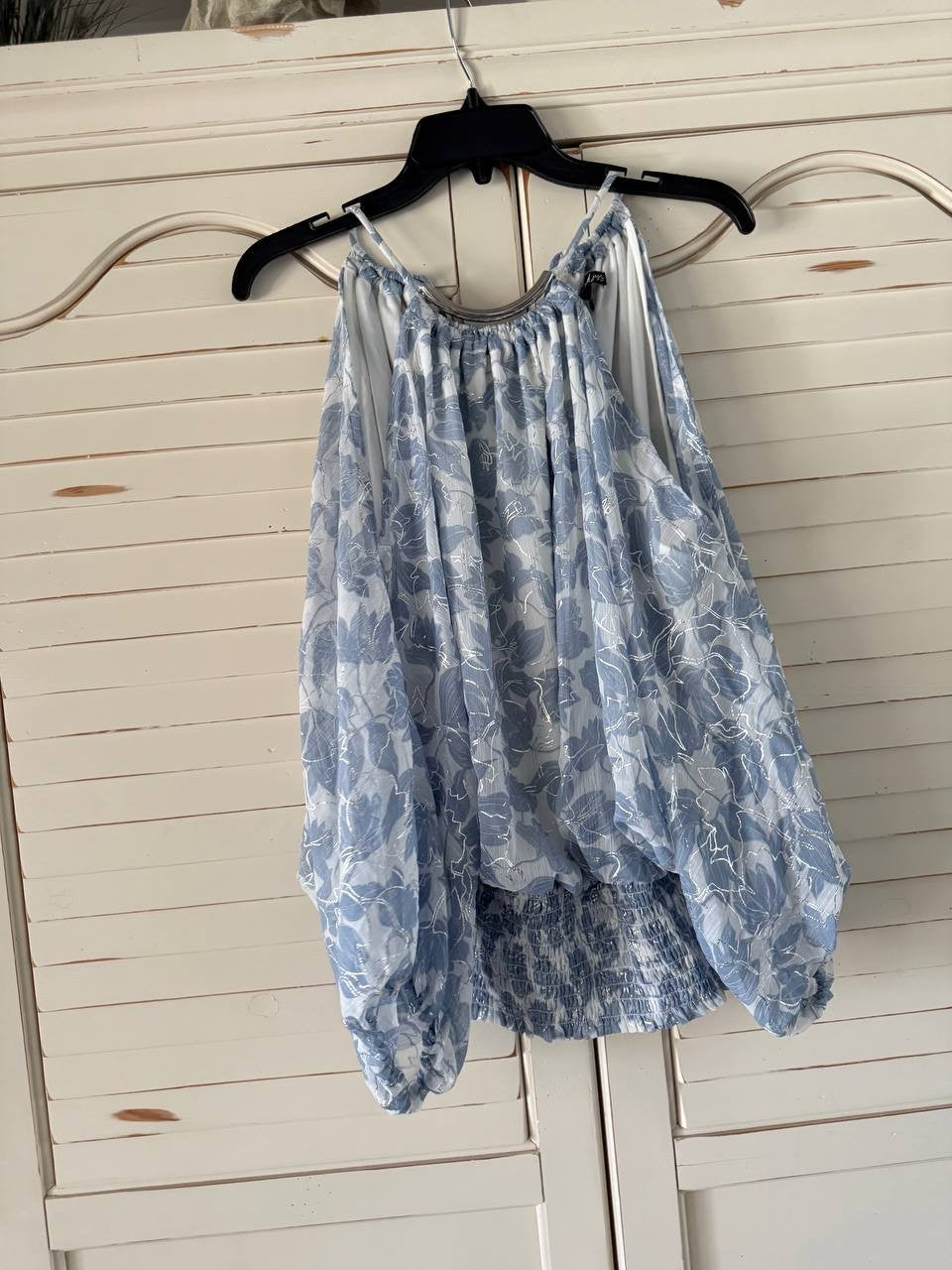 Sam & Jess Off-Shoulder Halter 3/4 Sleeve Blouse Women’s XL Navy Printed Top NWT