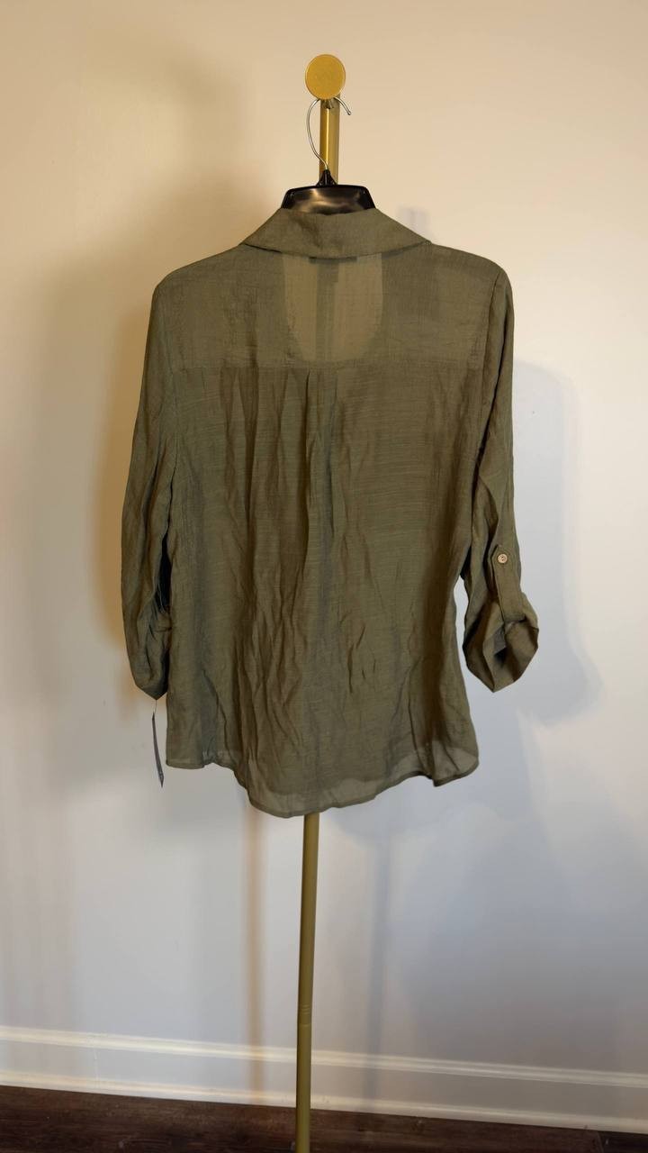 BCX Texture Gauze Collared Button‑Front Top Olive L NWT $39