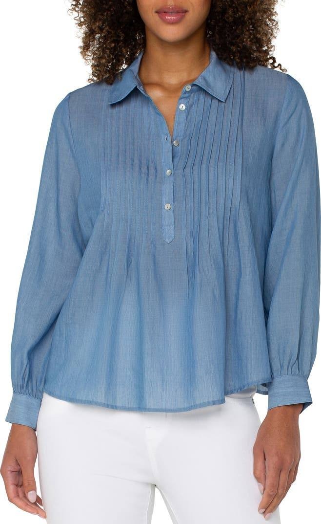 Liverpool Pintuck Pleat Woven Long‑Sleeve Shirt – PL – Bridgeton Light –NWT– $89