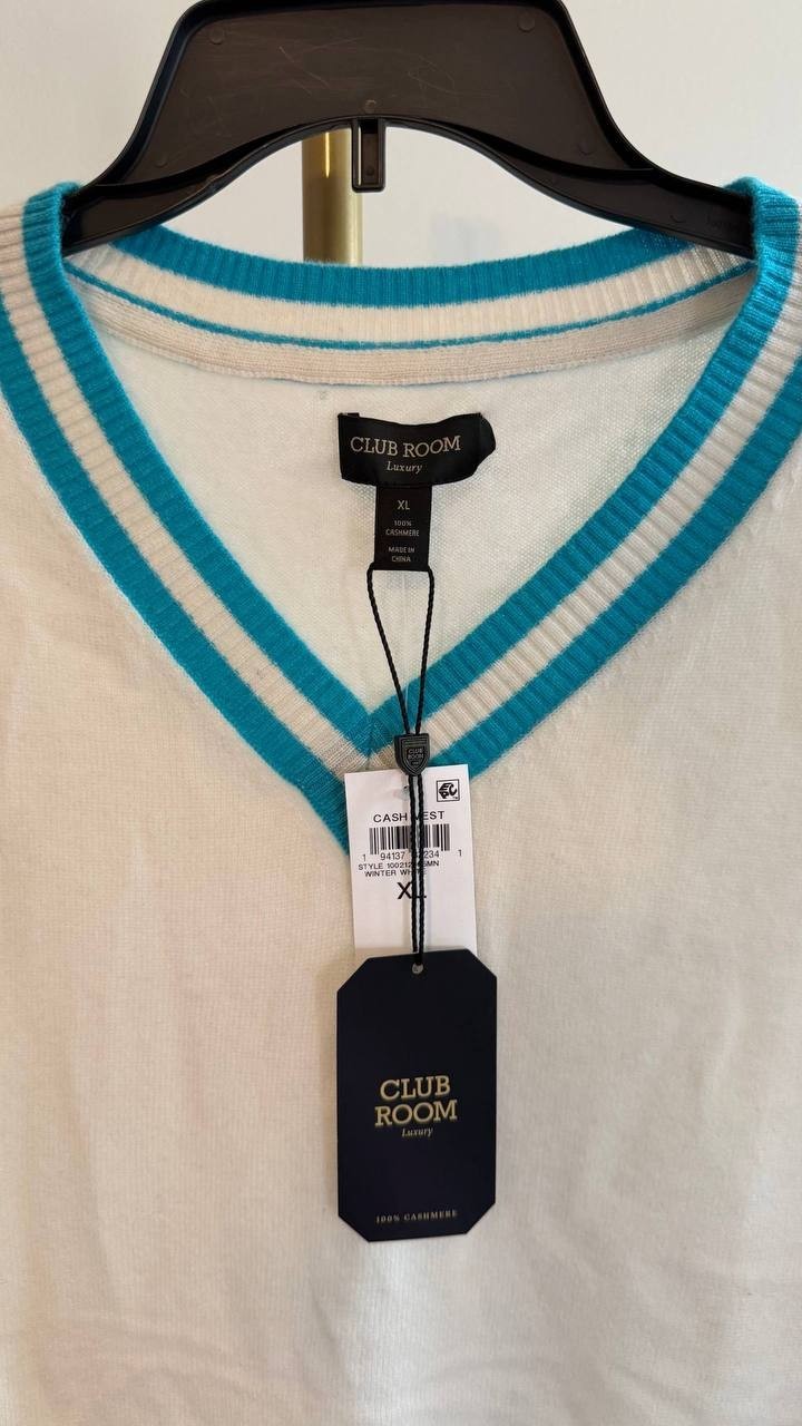 Club Room Men’s 100% Cashmere V‑Neck Sweater Vest White/Turquoise XL $179 NWT