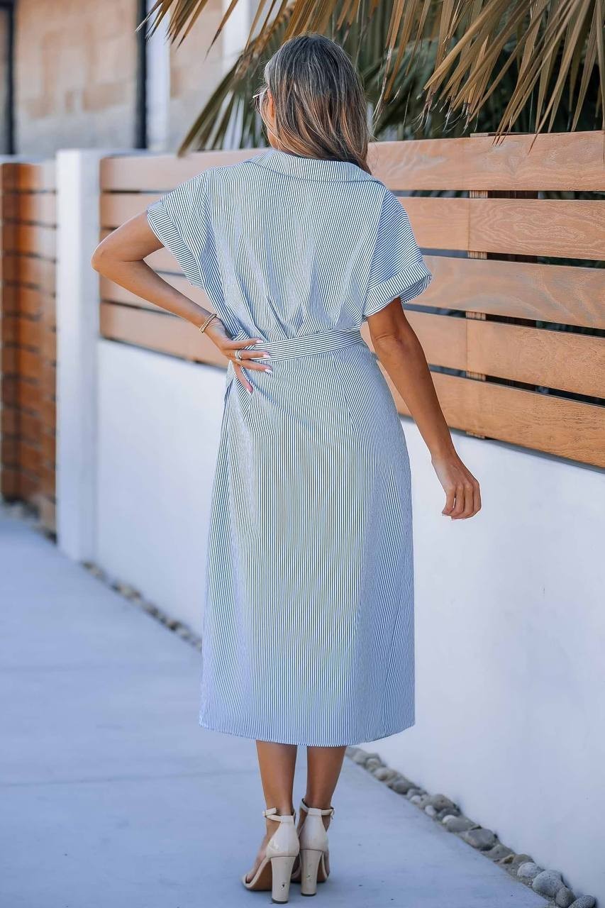 Cupshe Blue Pin‑Stripe Collared Wrap Midi Dress Size S NWT Summer msrp$50.99