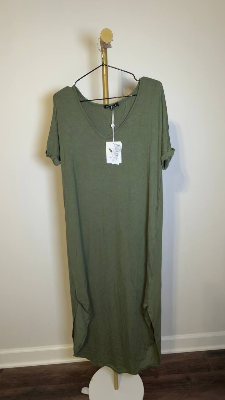 White Mark Women’s Short Sleeve V‑Neck Maxi Dress Olive L NWT $64