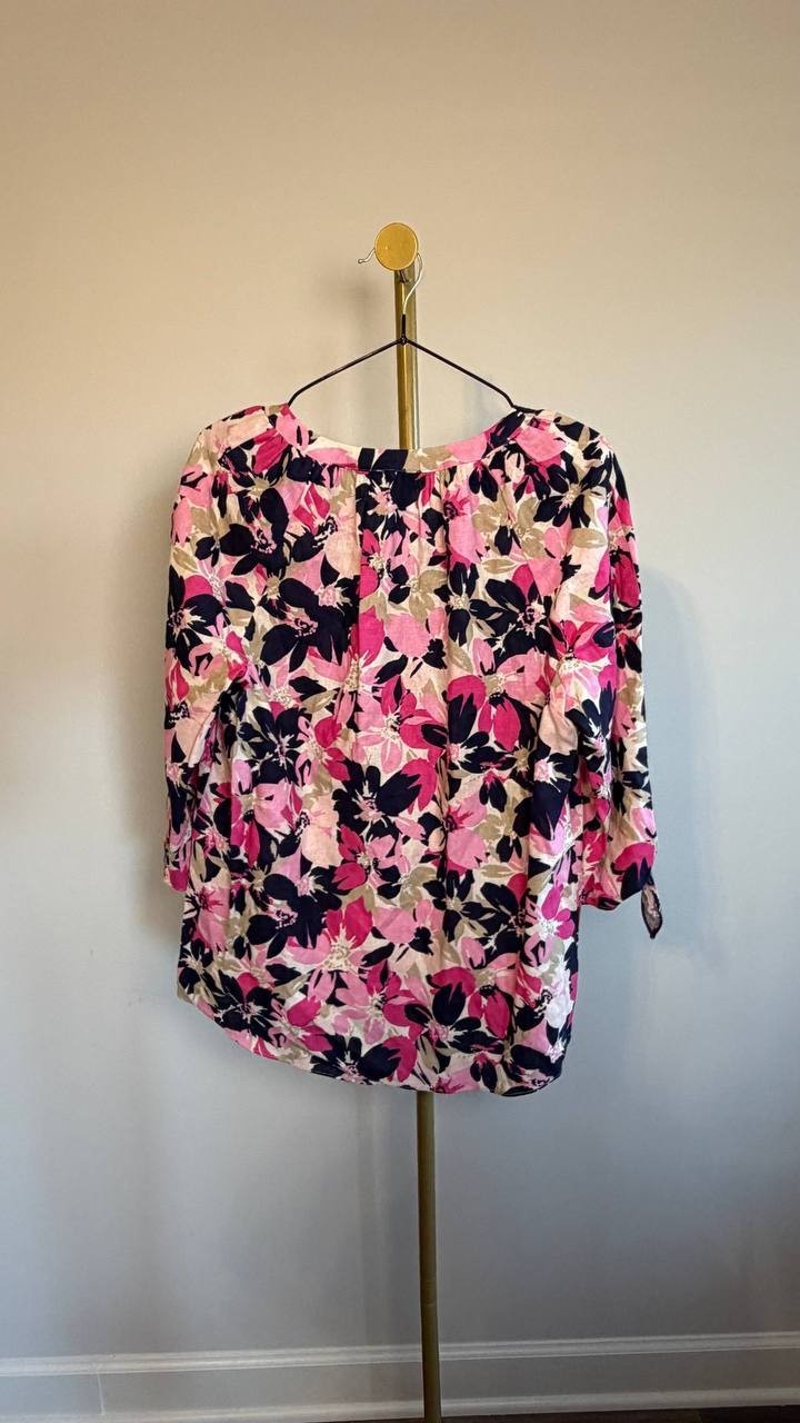 Jones New York V‑Neck Print Tie‑Sleeve Linen Blend Blouse White Multi S NWT