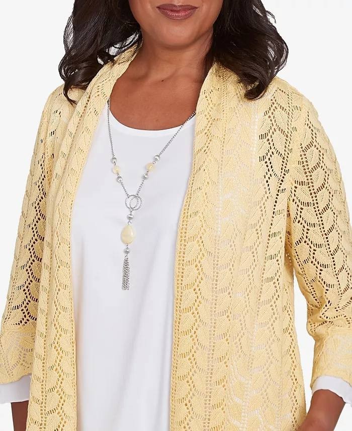 Alfred Dunner Women’s 2‑in‑1 Pointelle Knit Top Yellow White 2X $79.50 NWT