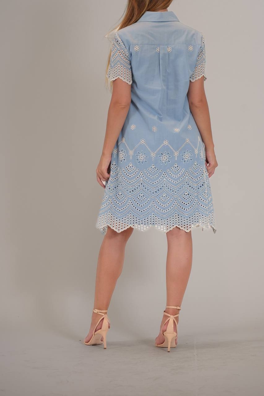 Julia Jordan Women’s Short‑Sleeve Cotton Eyelet Shirt Dress Blue Ivory L $129 NW