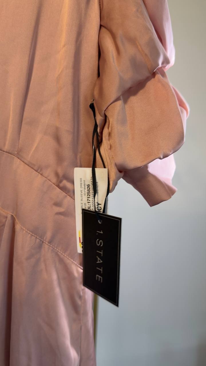 1.STATE Bubble Sleeve V‑Neck Fit & Flare Dress Light Pink L NWT $89