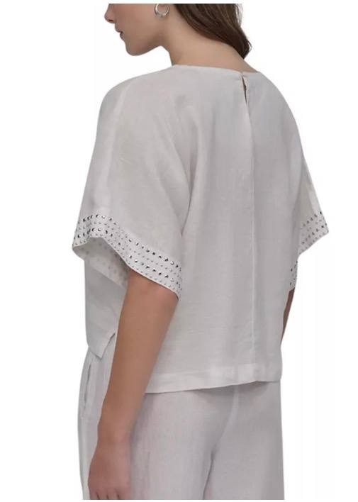 DKNY Pure White Linen Blend Top M Excellent Pre-Owned Casual Short Sleeve