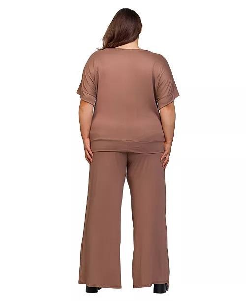 24Seven Comfort Apparel Plus Size Boat Neck Top Wide Leg Pants Set Mocha 4X NWT