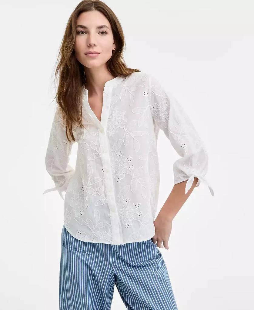 Jones New York Y-Neck Embroidered Cotton Top White Size M No Tags
