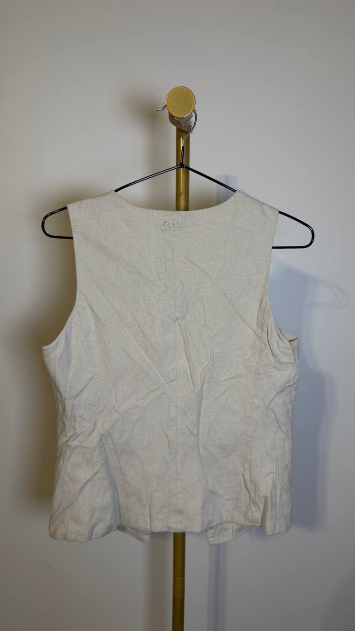 DKNY Jeans Linen‑Blend Crewneck Button‑Front Vest Pebble S NWOT $79