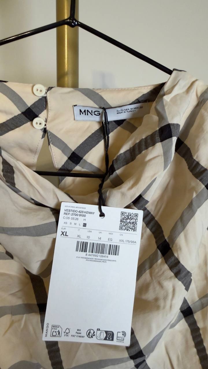 Mango Women’s Draped Neckline Checked Dress Beige XL NWT $100
