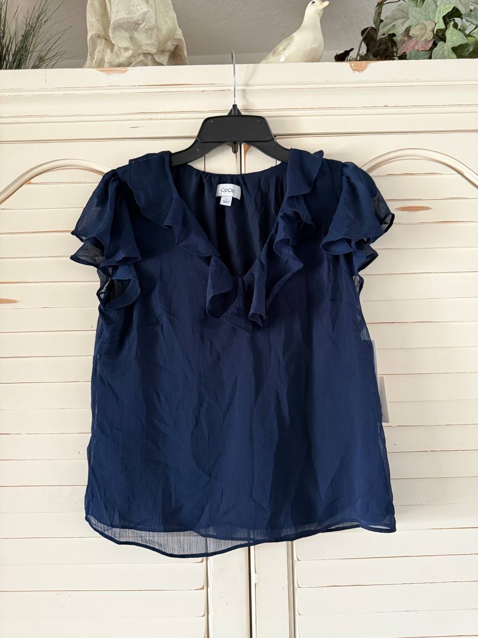 CeCe Dupraz Ruffle Trim Yoryu Top Classic Navy Size S NWT $69 – Chic Blouse