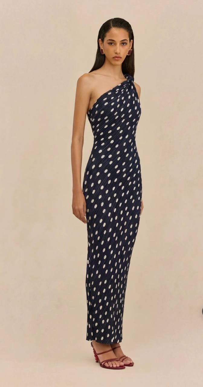 Cult Gaia Terre Dress One‑Shoulder Plissé Gown 2 Small Dot Deep Lake NWOT $898