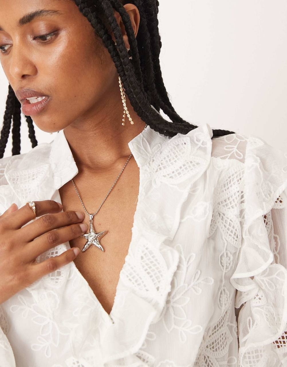 Bardot Frill Embroidered Blouse Crinkled Chiffon Orchid White Size L Top